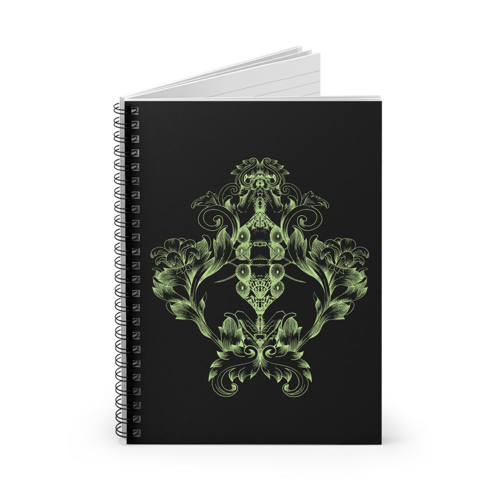Floral Gothic Spiral Notebook — Green Baroque Scroll Ruled Journal