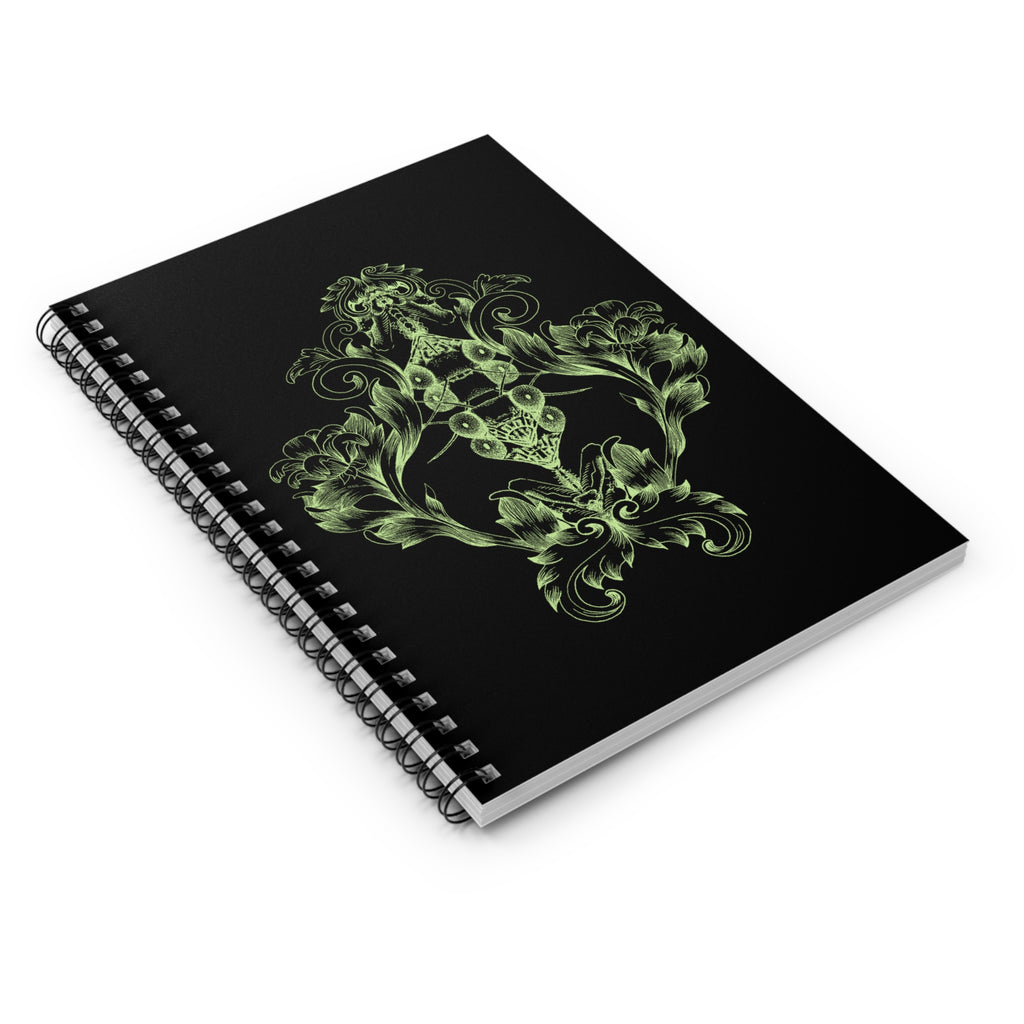 Floral Gothic Spiral Notebook — Green Baroque Scroll Ruled Journal